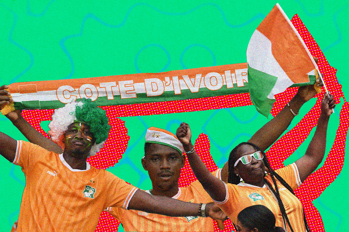 A collage of Côte d'Ivoire supporters cheering during the opening ceremony of the Africa Cup of Nations 2023 at the Alassane Ouattara Olympic Stadium in Ebimpe, Abidjan, on January 13, 2024.