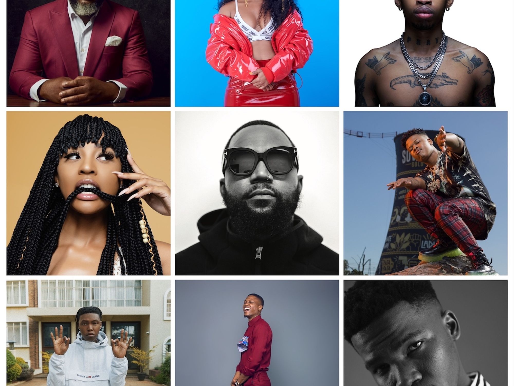 A collage of the Def Jam African roster: Larry Gaaga, Boity, Tshego, Nadia Nakai, Cassper Nyovest, Nasty C, Ricky Tyler, Vector and Tellaman.