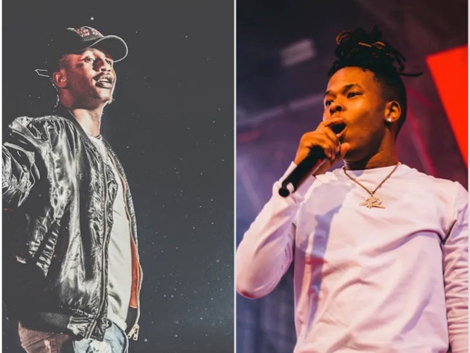 A collage of two images showing Emtee and Nasty each on stage. 