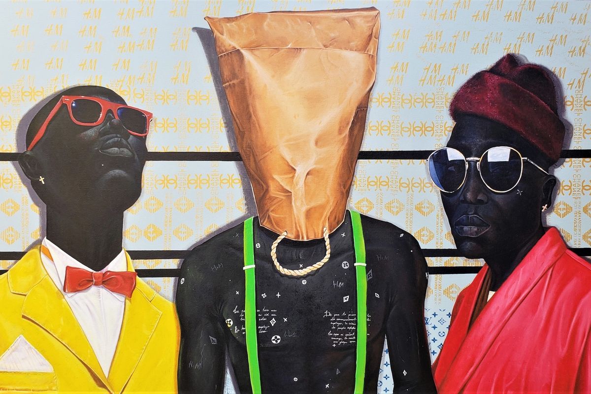 A colorful painting by a Cameroonian artist of three young men.