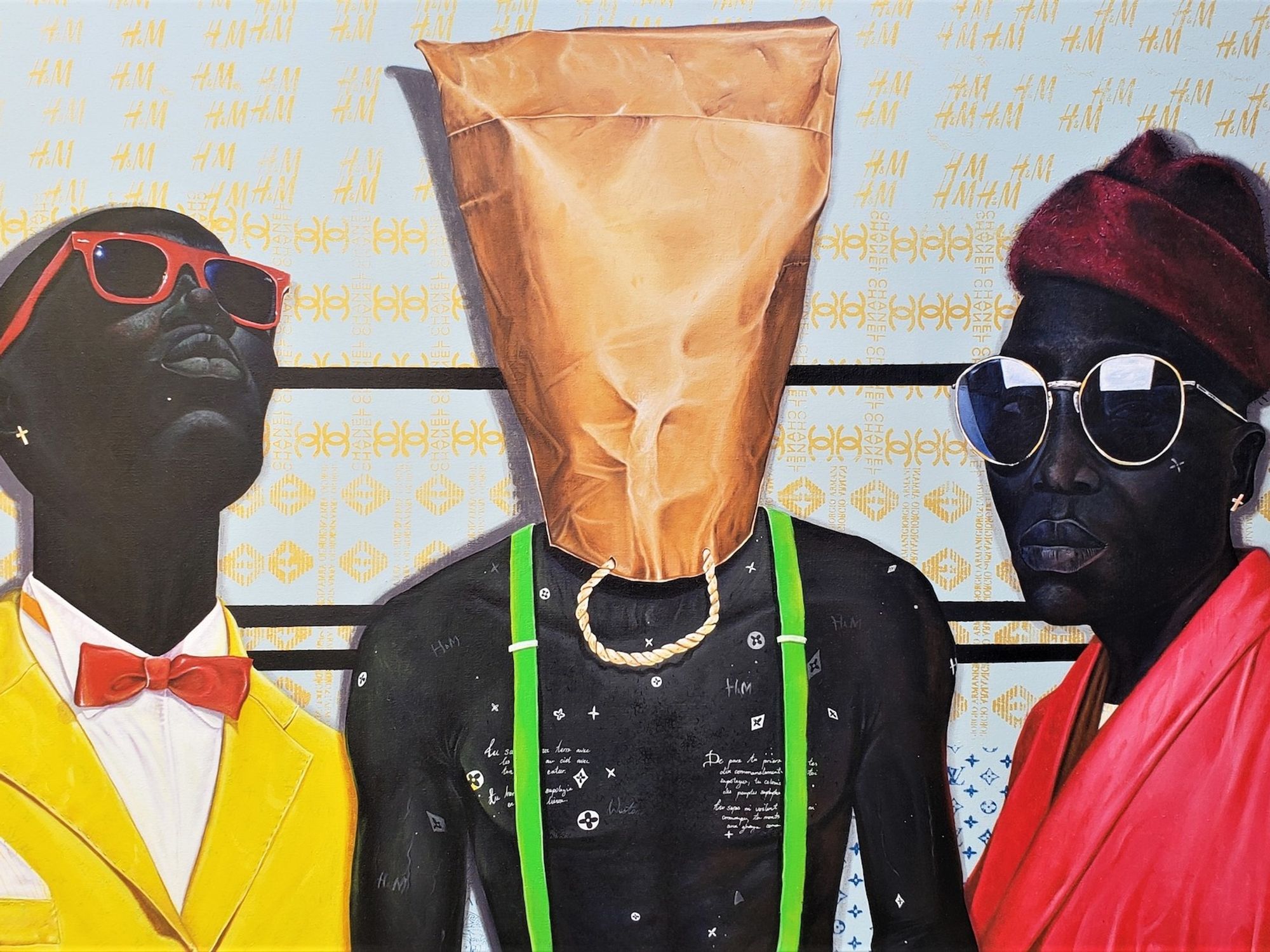 A colorful painting by a Cameroonian artist of three young men.