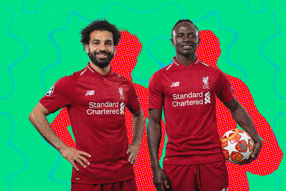 A digital composite image of Mo Salah and Sadio Manu00e9 wearing Liverpool's red jersey and Manu00e9 holding a football in his left hand.