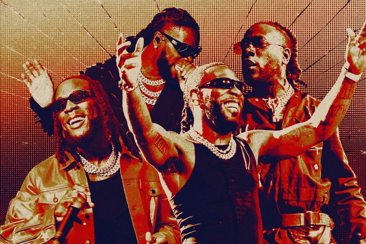 A graphic of Afrobeats star Burna Boy, 4 images of him performing and smiling
