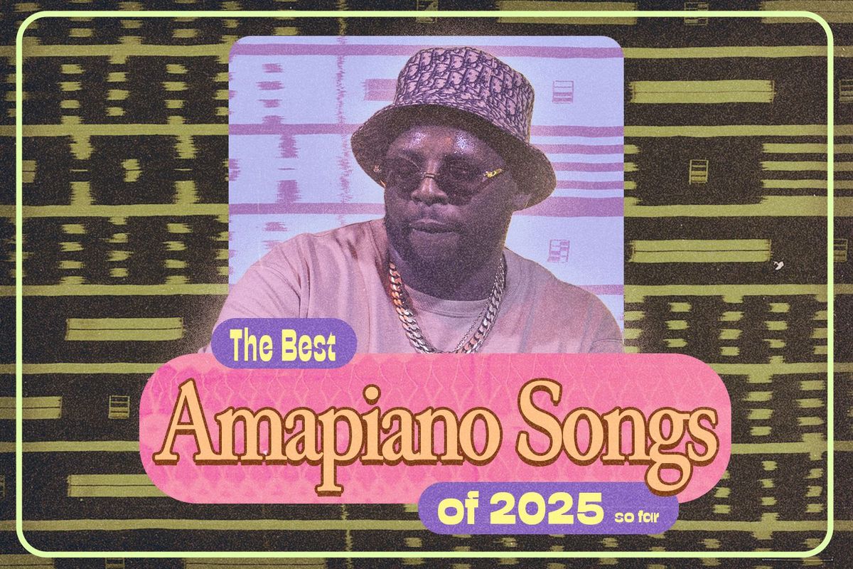 A graphic with the words ‘best amapiano songs of 2025 so far' and a picture of DJ Maphorisa wearing a bucket hat, pink tee-shirt, sunglasses, and a gold chain
