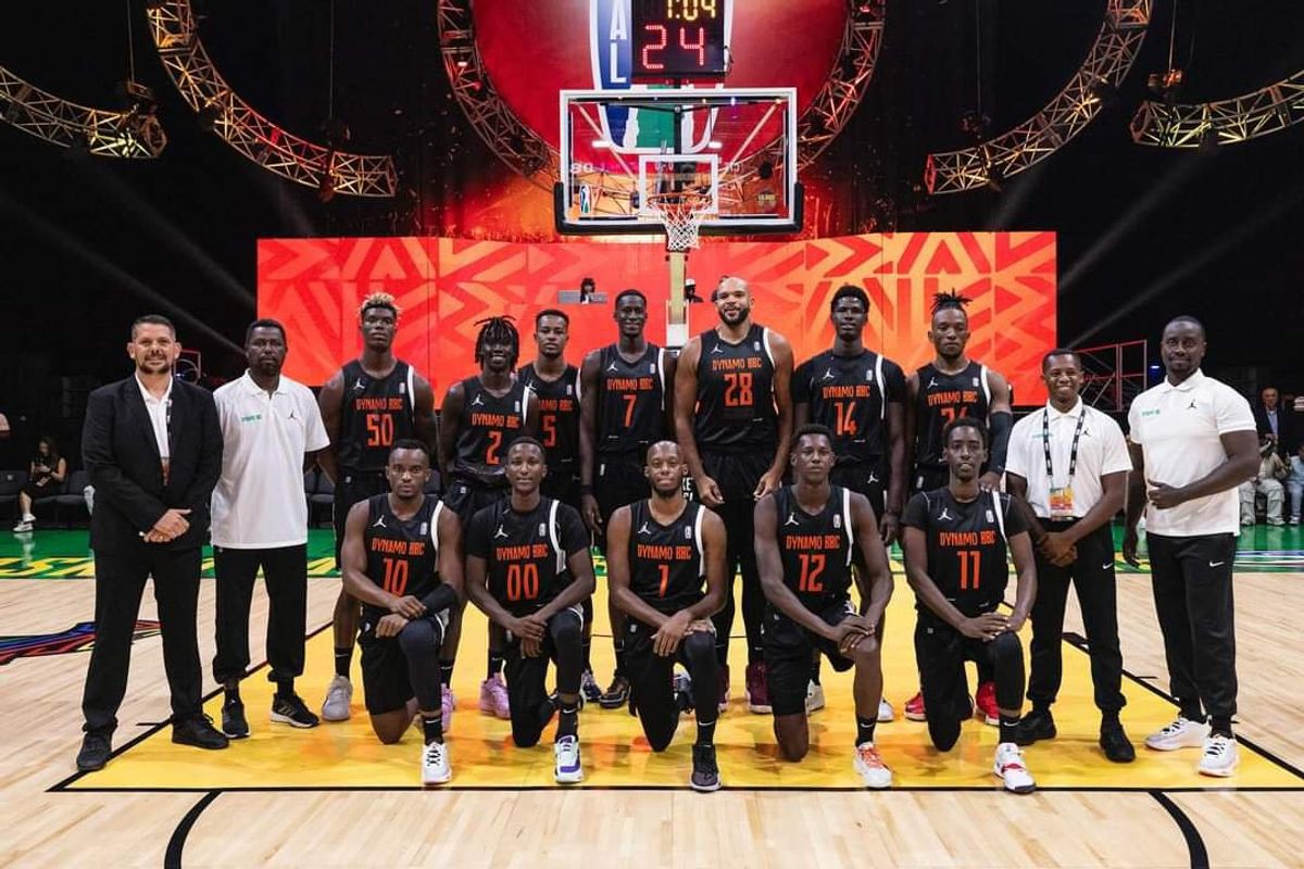 A group photo of Dynamo Basketball Club’s players and coaching staff, before Dynamo’s first BAL 2024 game against Cape Town Tigers on March 9, 2024.
