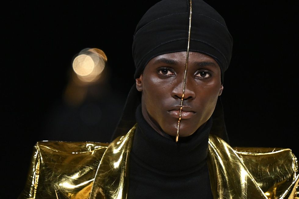A model adorned with the controversial facial jewelry walks the runway during the Balmain Homme Menswear Fall/Winter 2024-2025 show as part of Paris Fashion Week on January 20, 2024 in Paris, France.A model adorned with the controversial facial jewelry walks the runway during the Balmain Homme Menswear Fall/Winter 2024-2025 show as part of Paris Fashion Week on January 20, 2024 in Paris, France.