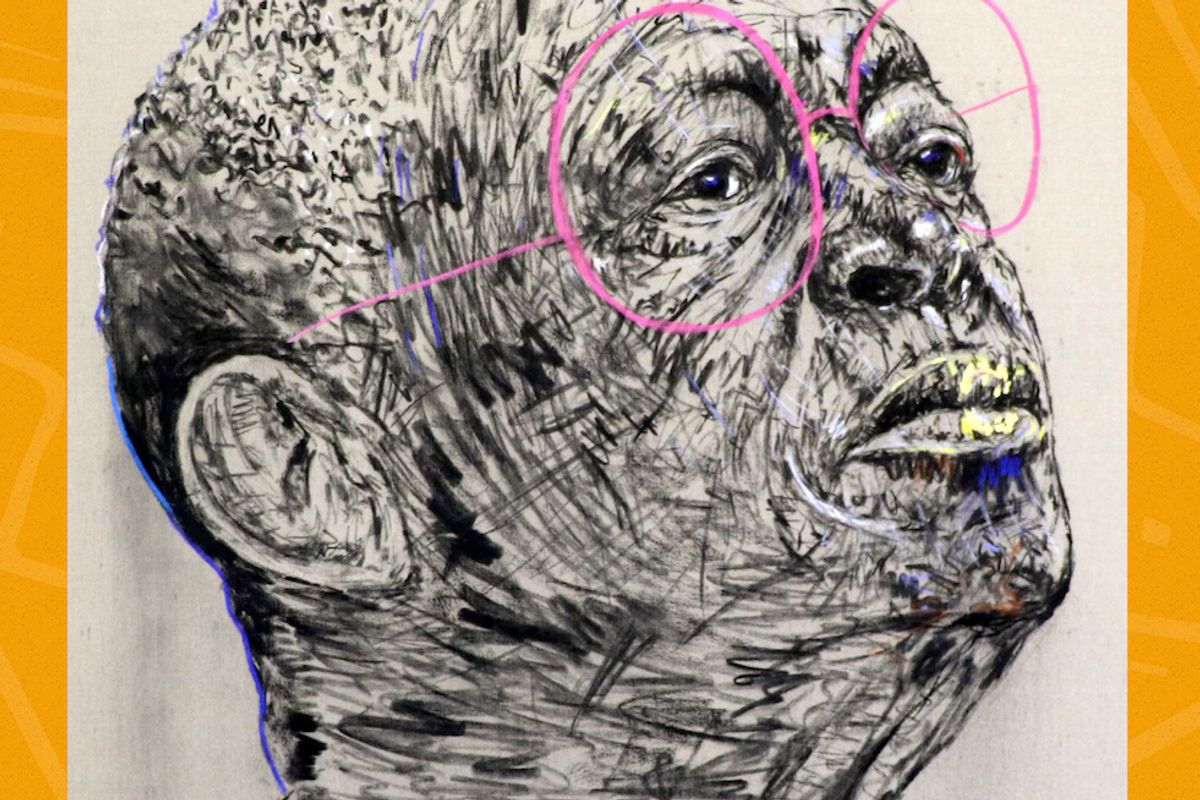 A painted portrait of Hugh Masekela. 