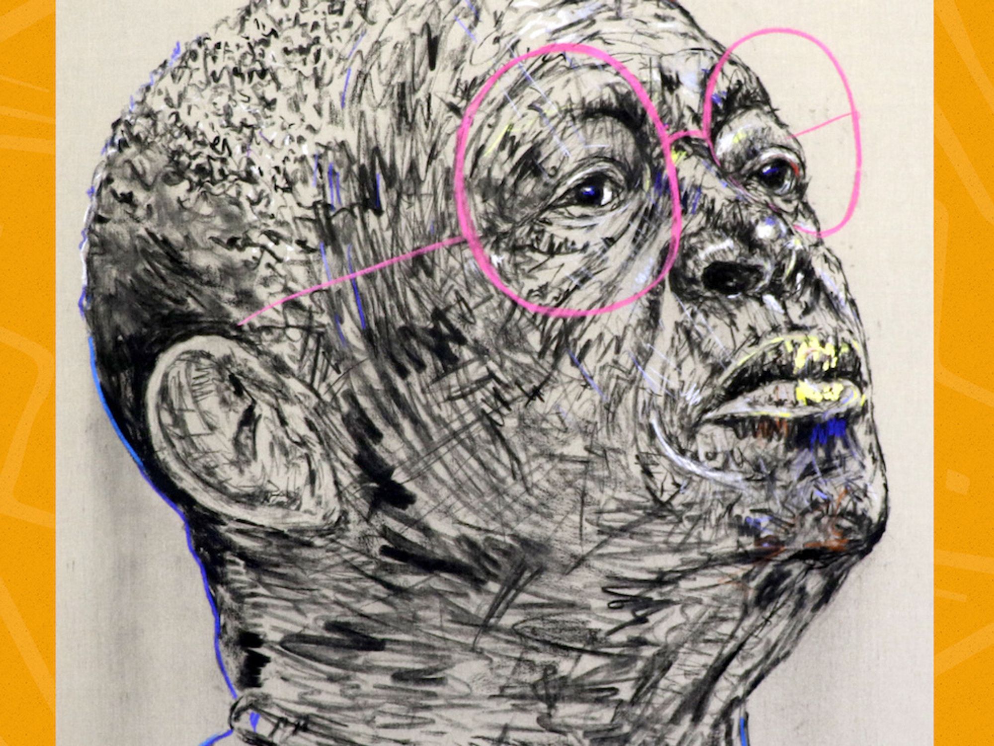 A painted portrait of Hugh Masekela. 