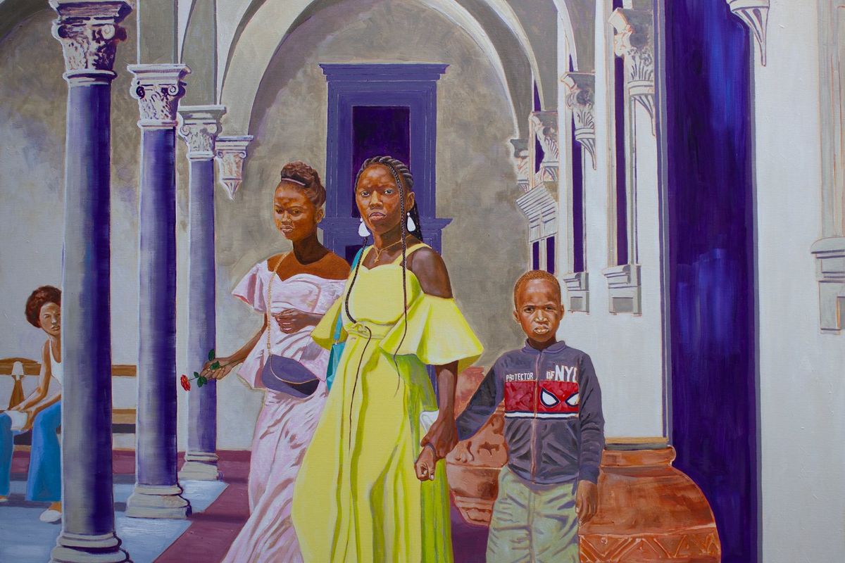 A painting of a woman standing with two children of different ages. 