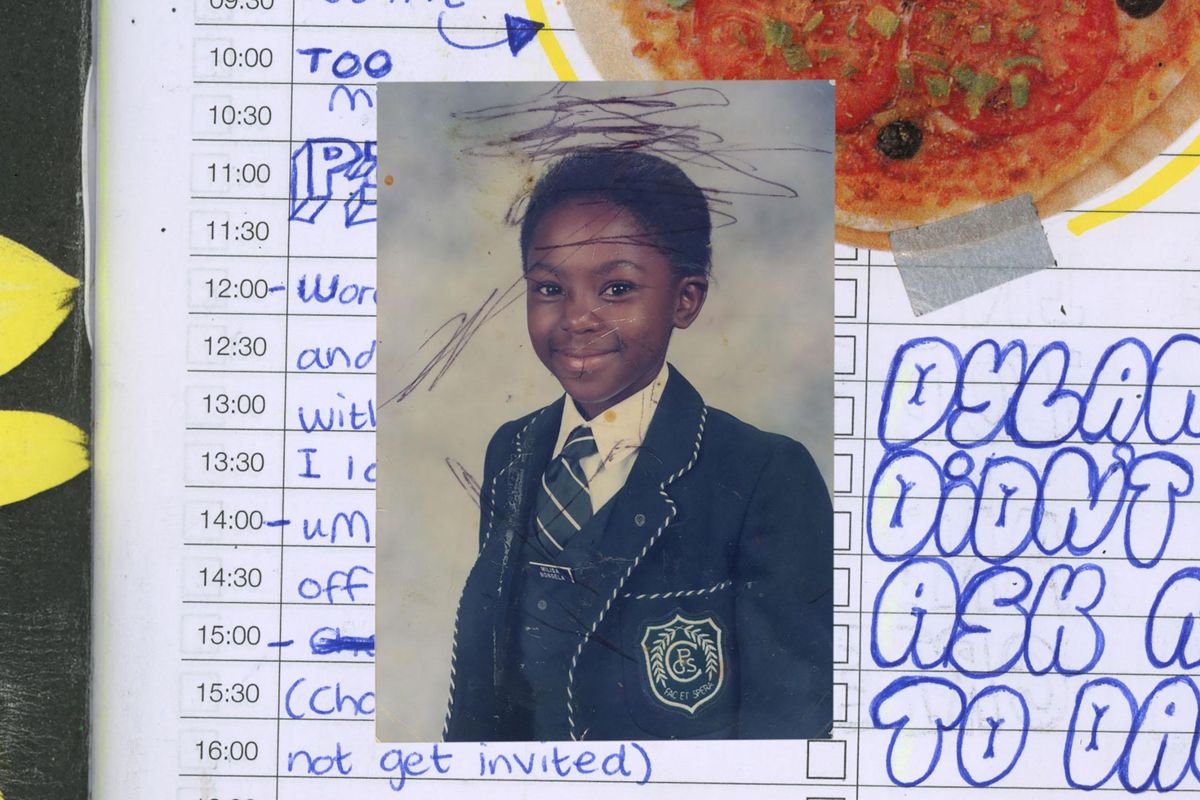 A photo of a young girl in school uniform, imposed on a diary entry. 