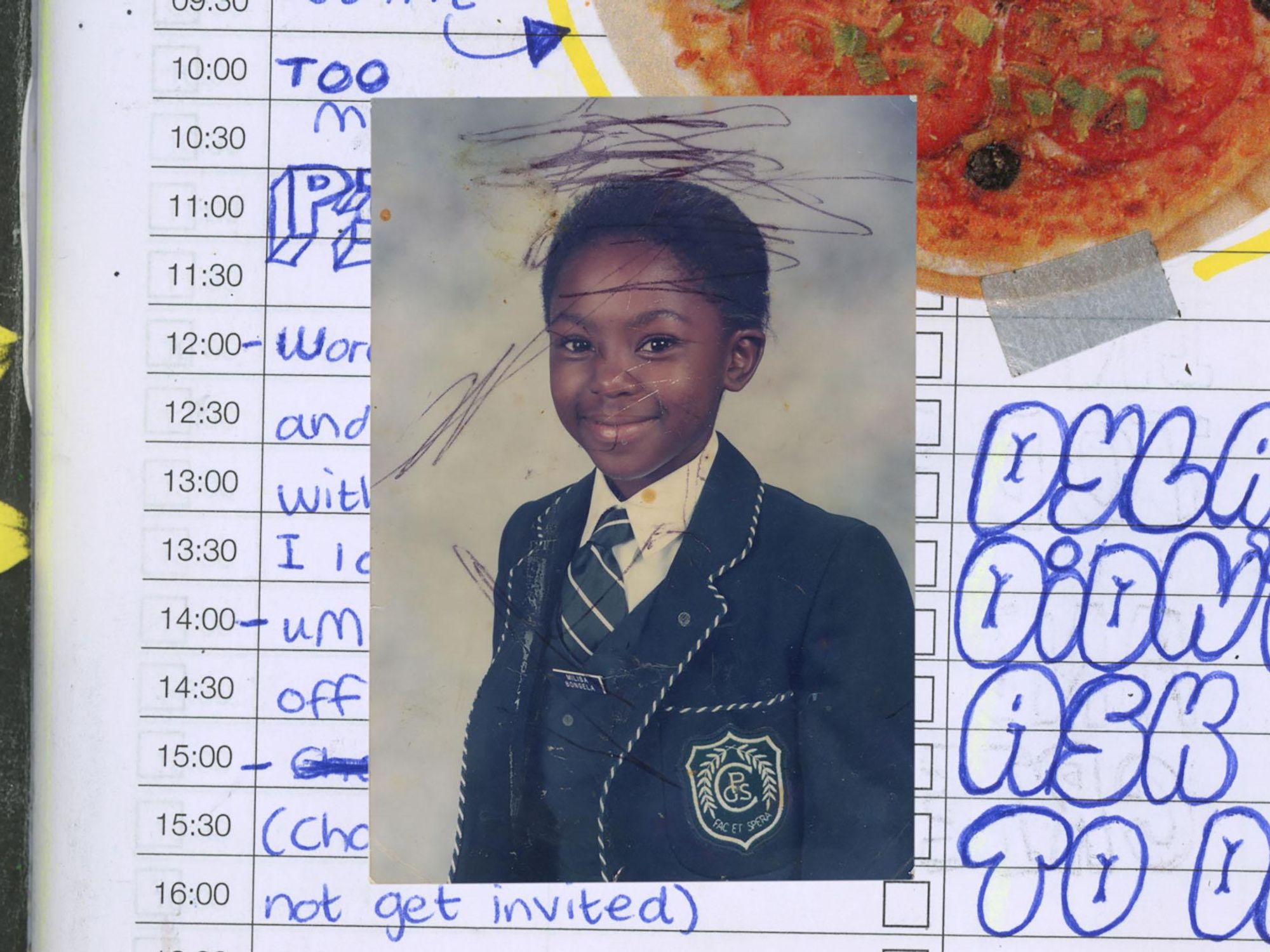 A photo of a young girl in school uniform, imposed on a diary entry. 