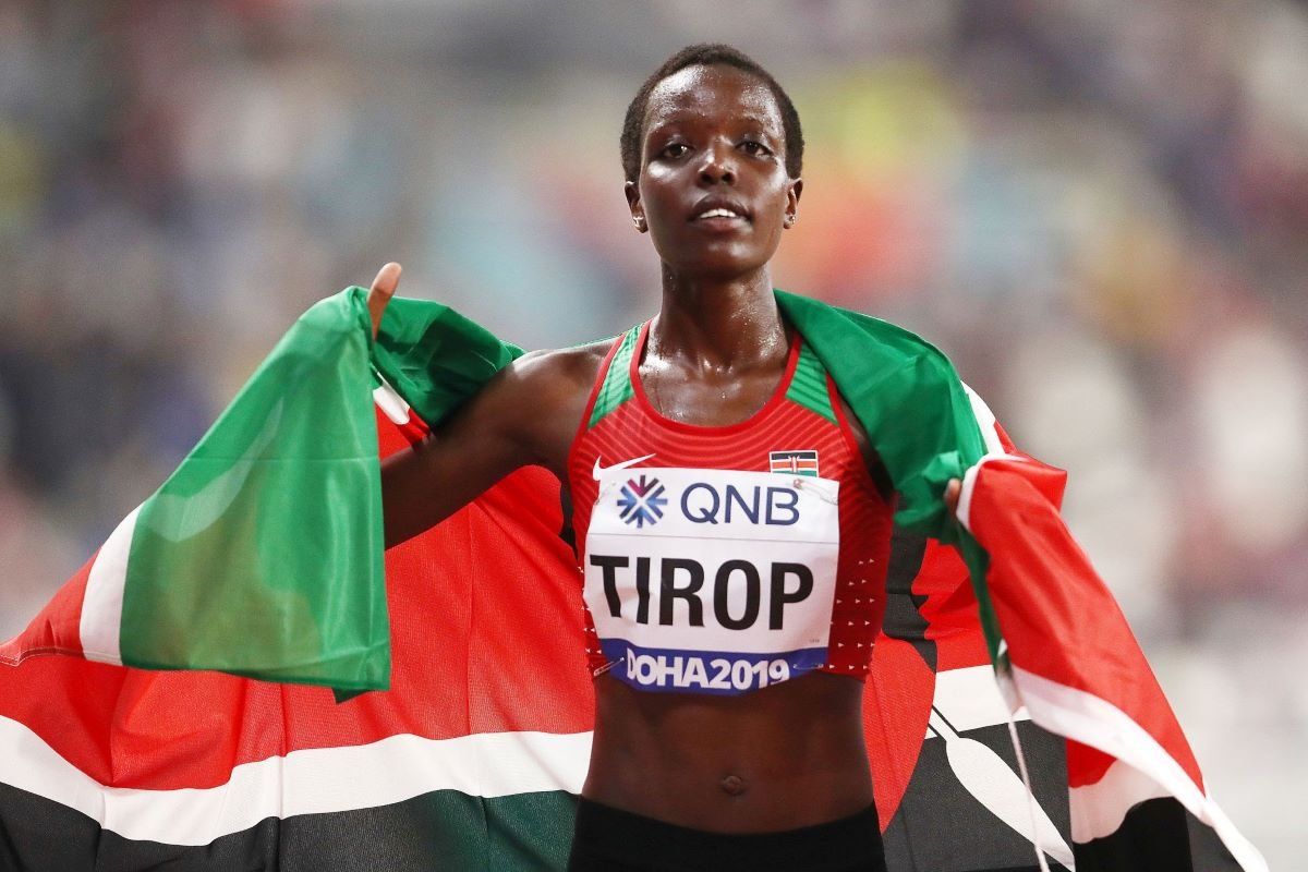 A photo of Agnes Tirop after winning bronze at the 2019 World Athletics Championship.