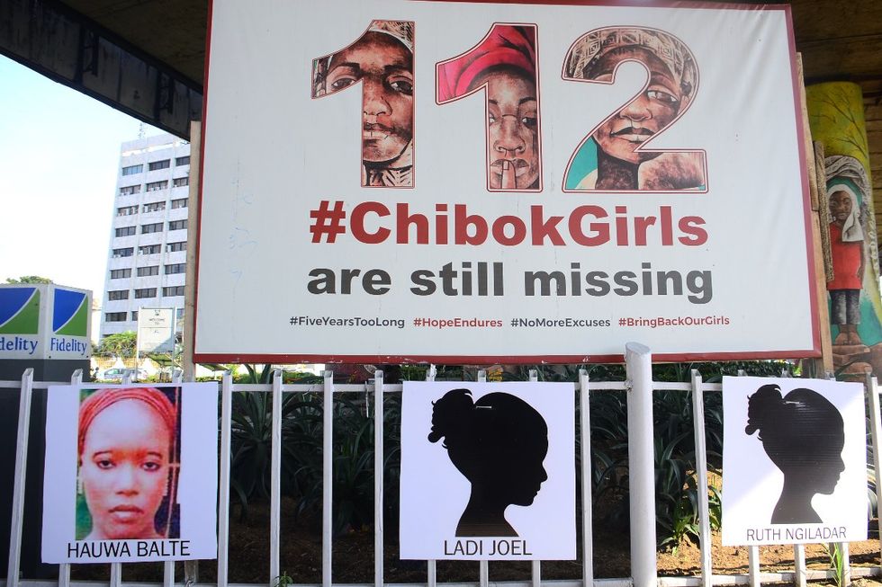 A photo of an installation in the Ikoyi area of Lagos with a banner with inscription \u201c112 #ChibokGirls are still missing\u201d to mark the 2000th day since the kidnapping of 276 schoolgirls in Chibok, Borno state.