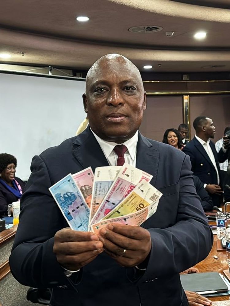 A photo of John Mushayavanhu, Governor of the Reserve Bank of Zimbabwe, presenting the new national currency Zimbabwe Gold, or ZiG for short, at a press conference on April 5, 2024.