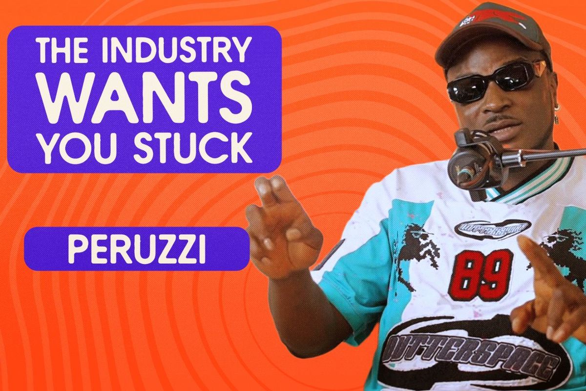 A photo of Peruzzi speaking into a podcast microphone, wearing a vintage Nigerian football jersey with the number 89 on it.