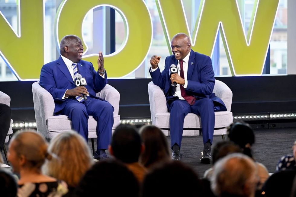A photo of Prime Minister of the Bahamas The Hon. Philip Edward Davis (left), and President of Botswana Mokgweetsi Masisi (right) speaking onstage during Global Citizen NOW 2024 at Spring Studios on May 02, 2024 in New York City.