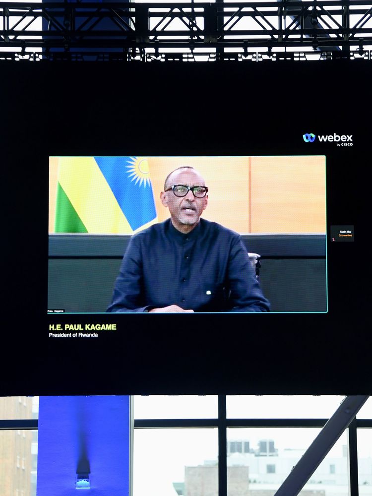 A photo of Rwandan President Paul Kagame speaking on screen during Global Citizen NOW 2024 at Spring Studios on May 02, 2024 in New York City.