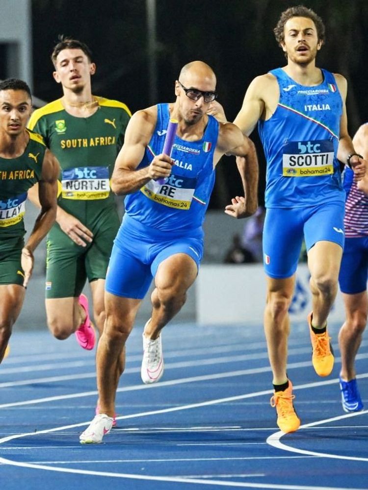 A photo of South African athlete Lythe Pillay (middle) competing in the men's 4x400m final at the IAAF World Athletics Relays, Sunday, May 5, 2024.