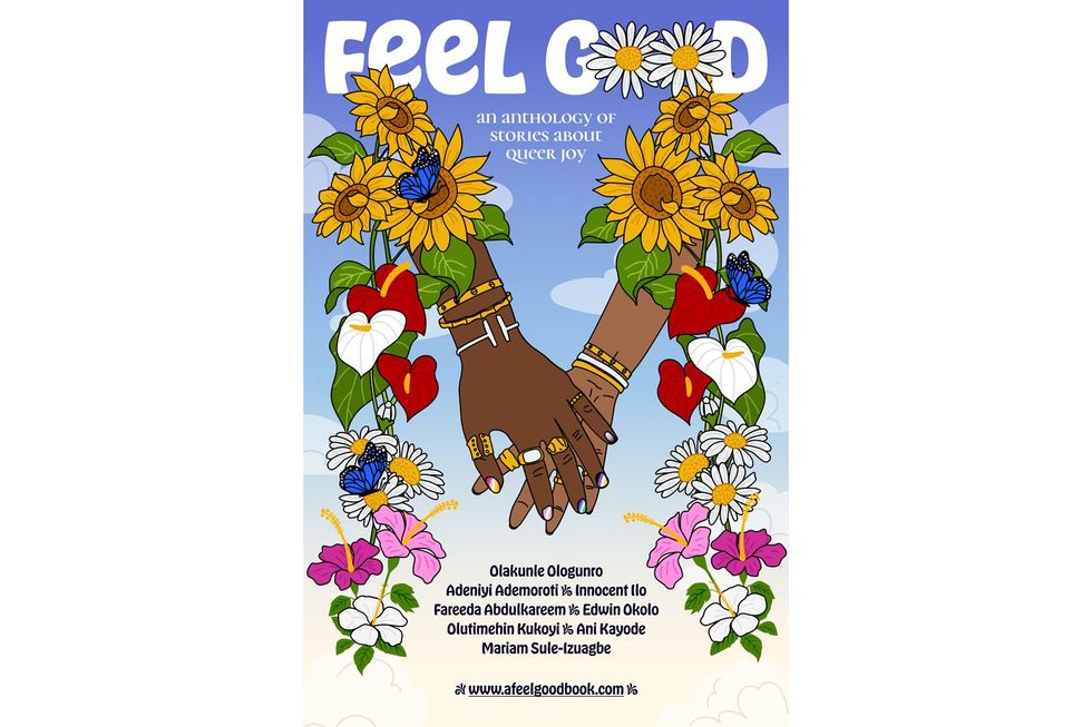 A photo of the Feel Good book cover showing two black hands touching in a border of flowers. 