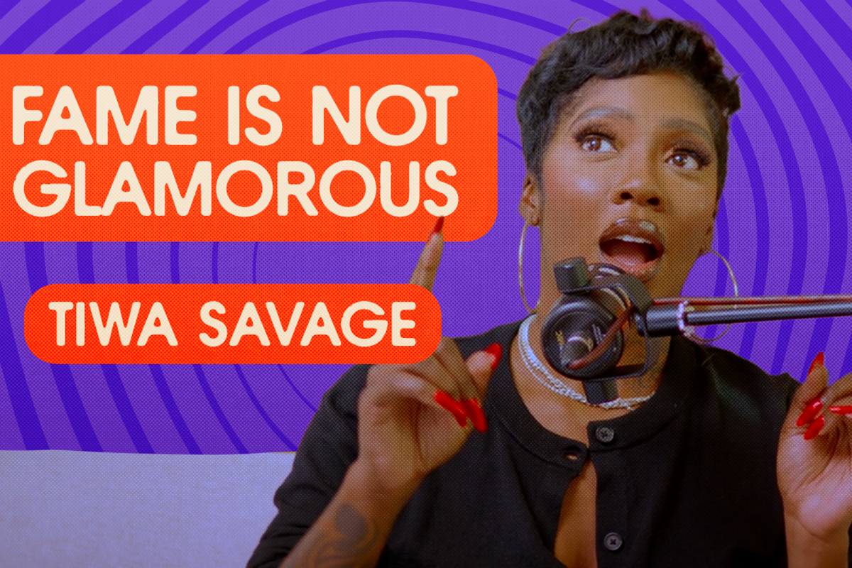 A photo of Tiwa Savafe in a black button down top speaking into a podcast microphone with the text, "Fame is not glamorous" beside her.