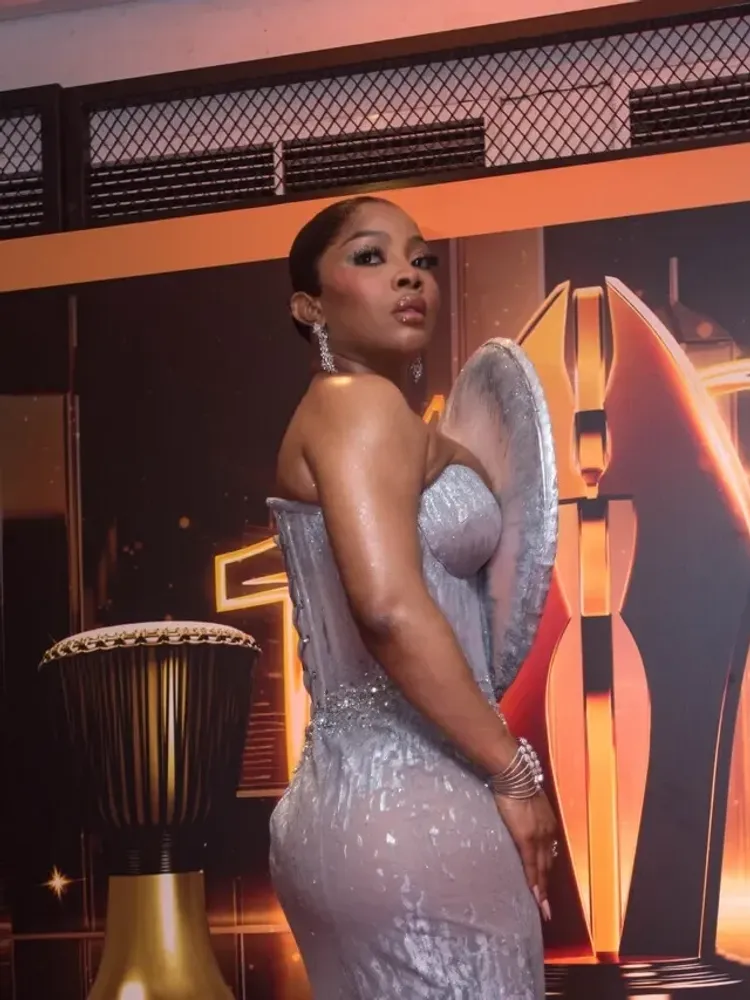 A photo of Toke Makinwa in a silver dress on the AMVCA 2024 red carpet.