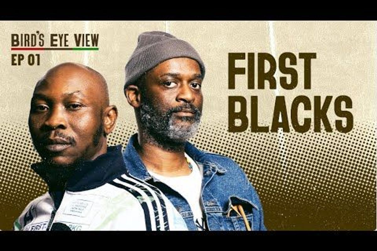 A promotional flyer for the first episode of OkayAfrica’s new podcast show ‘Bird’s Eye View,’ showing hosts Seun Kuti and Bro. Diallo and a bold text — “First Black” — beside them.
