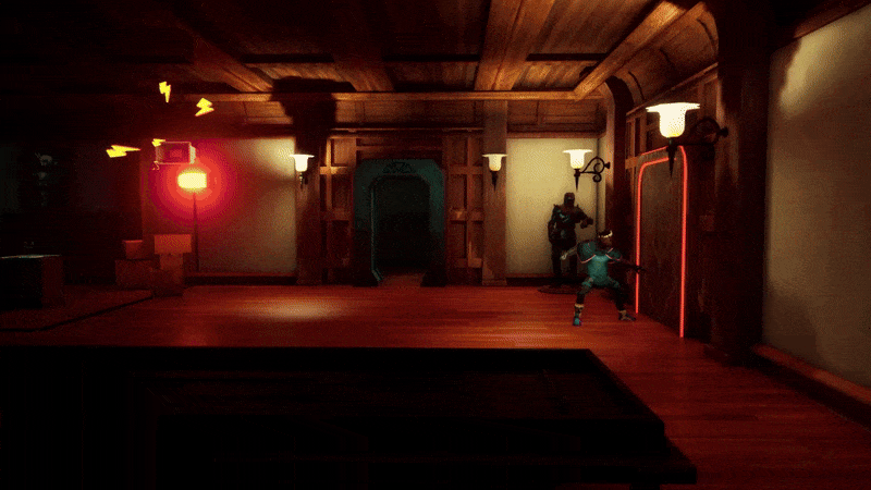 A scene from 'Relooted' in a gif, where the player is running through walls and evading shots fired at them