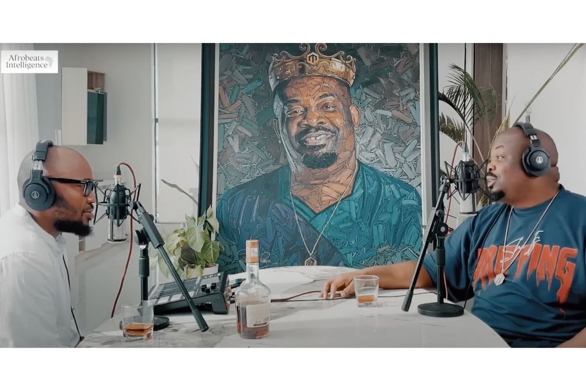 A screenshot of Don Jazzy and Joey Akan during the recording of an Afrobeats Intelligence podcast episode.
