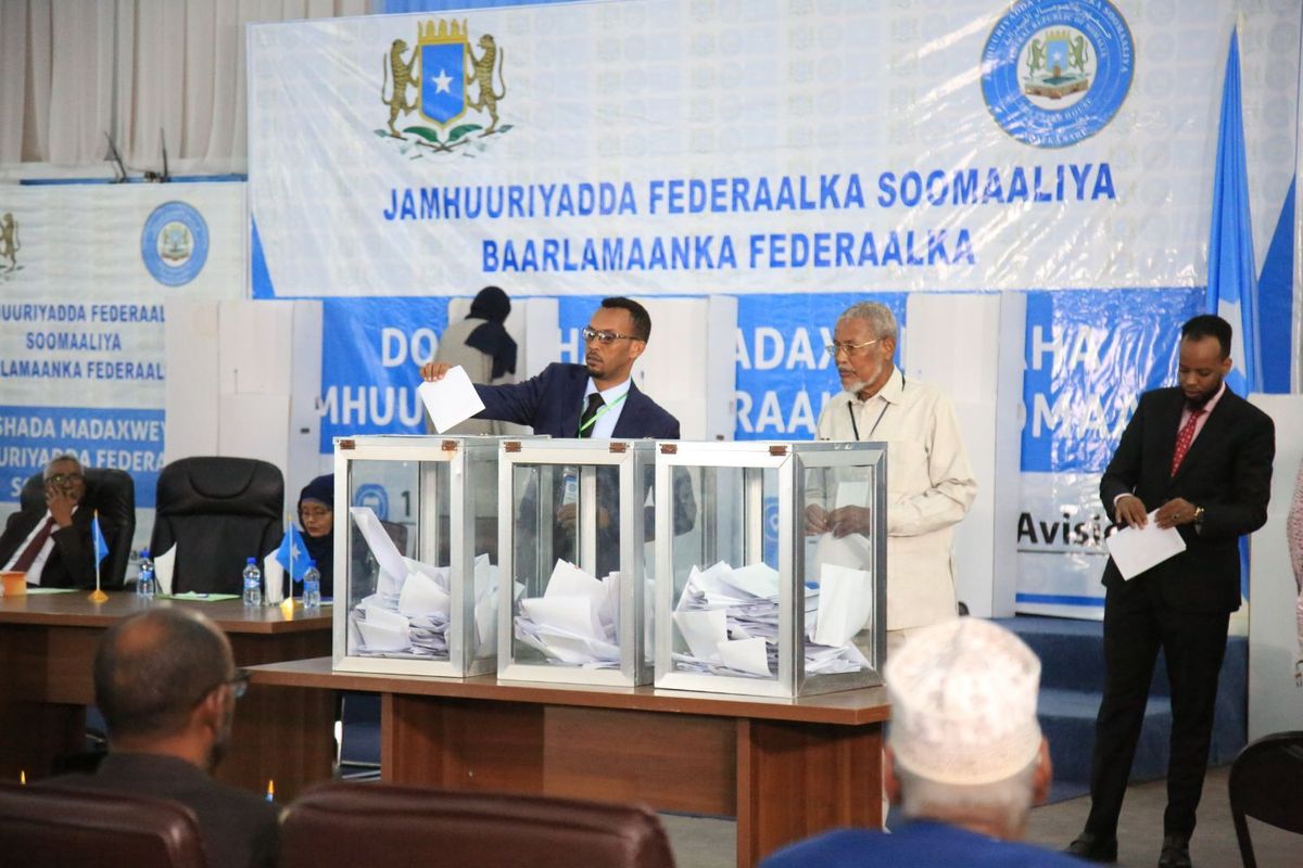 A Somali lawmaker casting his vote during the 2022 parliamentary election to elect the president in Mogadishu, Somalia, on May 15, 2022.