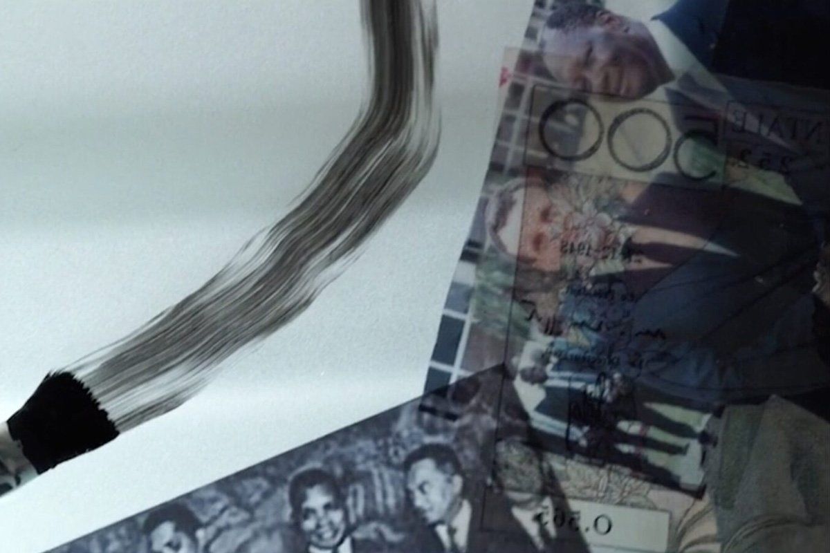 A still from ‘Money, Freedom, a Story of CFA Franc’ of a smudge of ink and some photos.