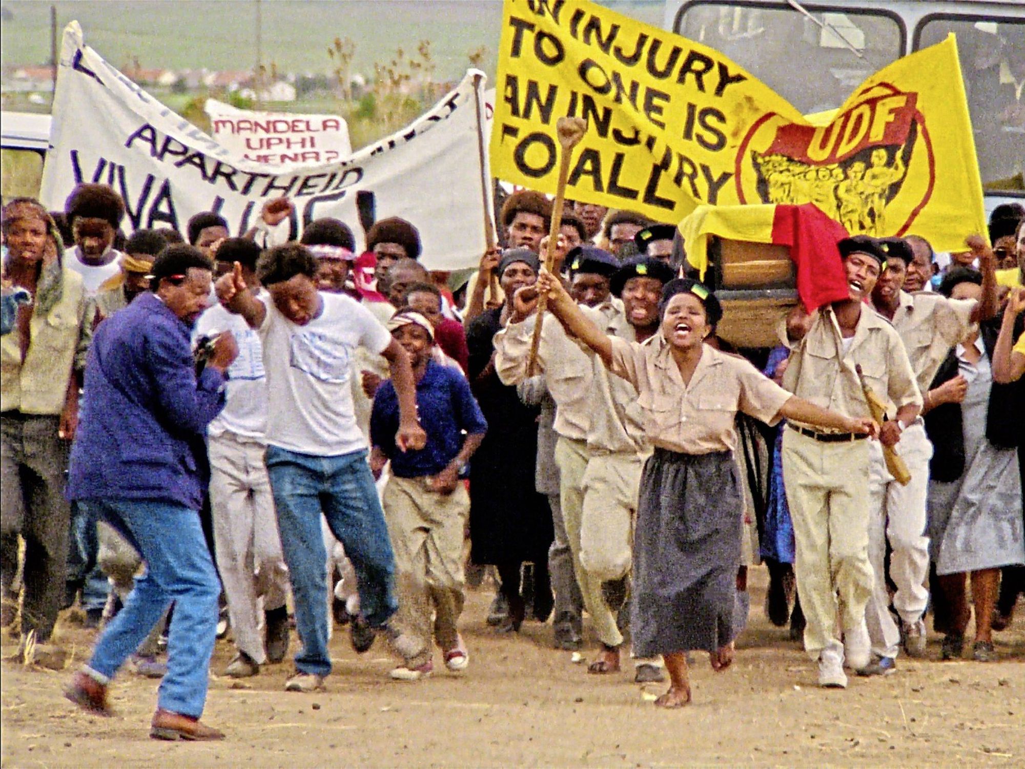 A still from the film, Mapantsula, of people protesting.
