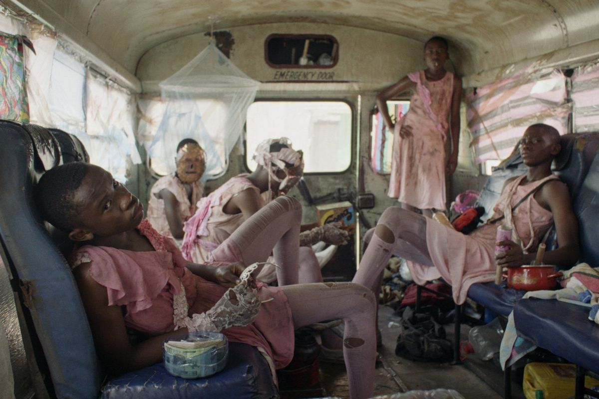 A still from the film, ‘Omen’ (‘Augure’),  of a group of youngsters in a bus. 