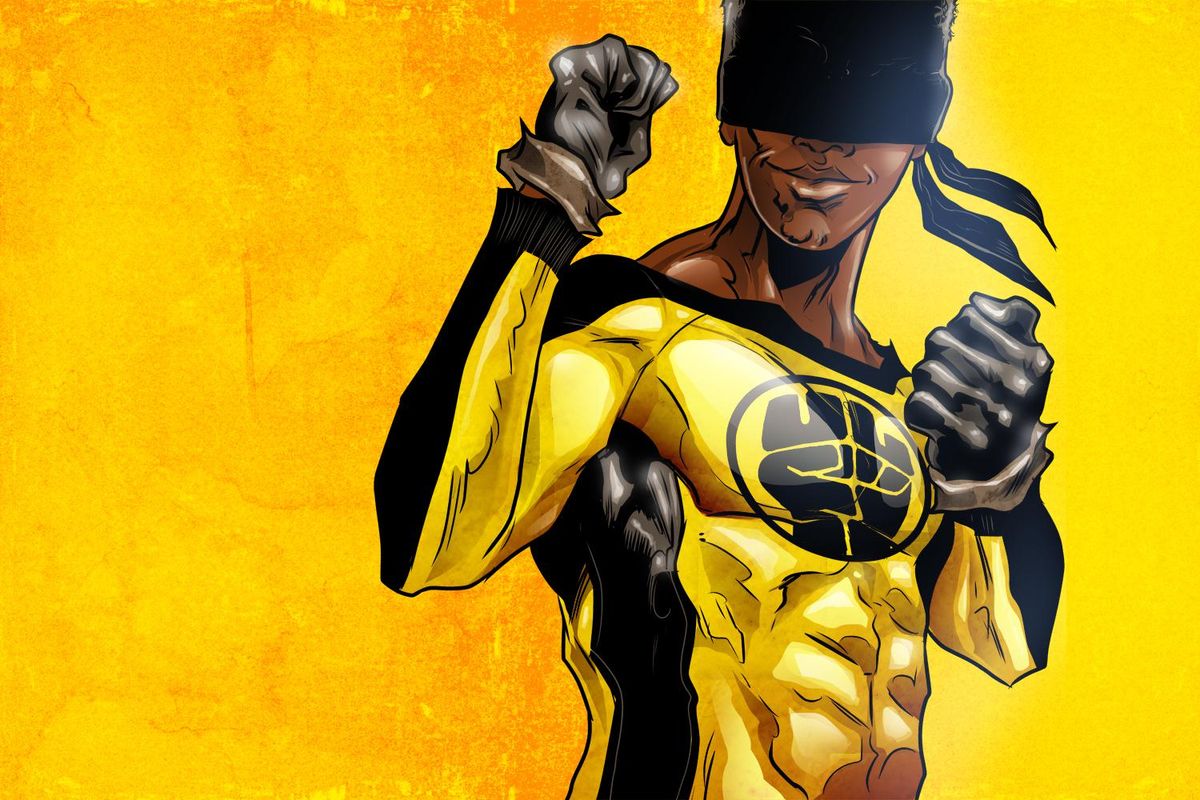 A superhero strikes a pose in yellow and black attire