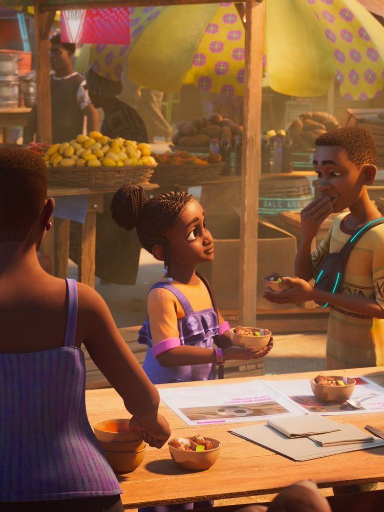 A young boy and girl share an exchange in a scene resembling a bustling and vibrant Nigerian marketplace. 
