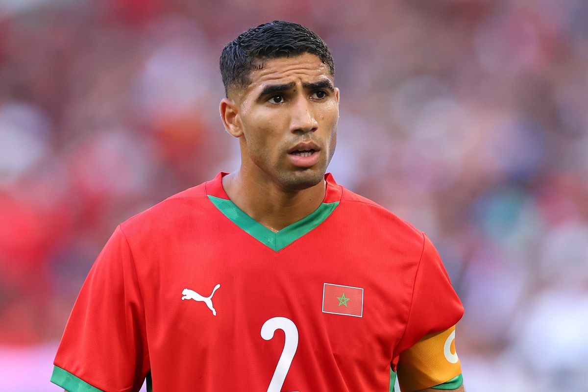 Achraf Hakimi #2 of Team Morocco during the Men's semifinal match between Morocco and Spain during the Olympic Games Paris 2024 at Stade de Marseille on August 05, 2024 in Marseille, France.