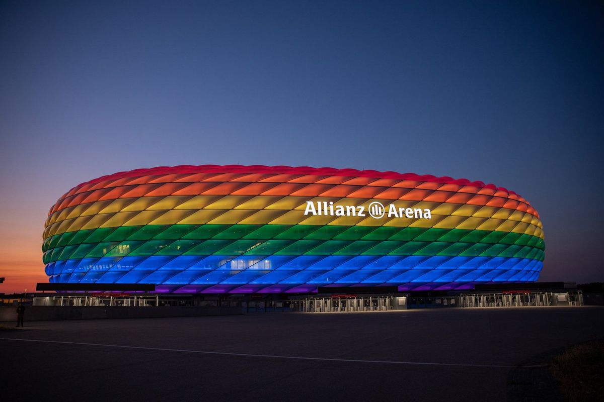 Allianz Arena lights up in rainbow colors for Christopher Street Day in Munich.