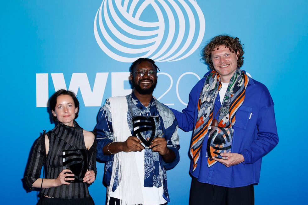 Amalie Roege Hove wins the Karl Lagerfeld Award for Innovation, Adeju Thompson wins the International Woolmark Prize and Borre Akkersdijk wins the Supply Chain Award at the International Woolmark Prize 2023 at Le Petit Palais