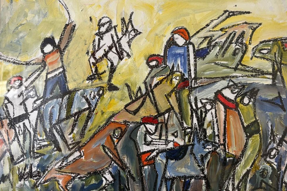 An artwork featuring colorful but faceless figures.