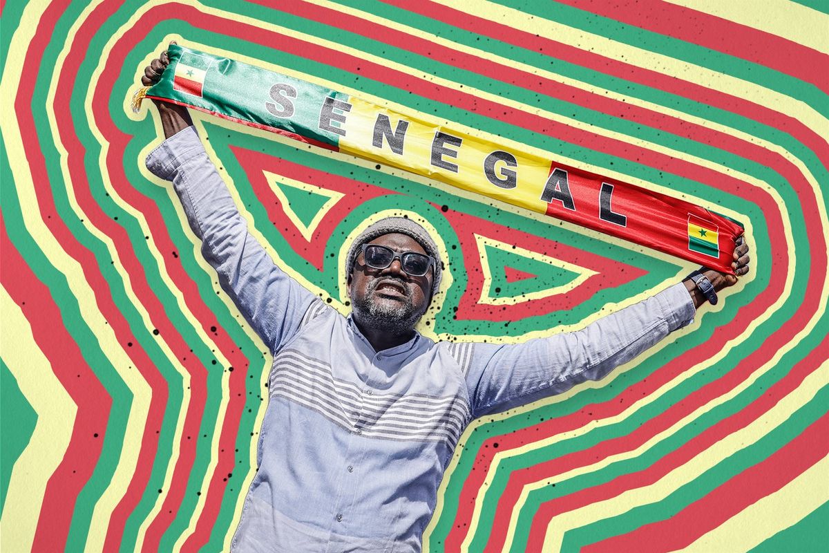 An illustration of a protester holding a shawl with the inscription “Senegal.”