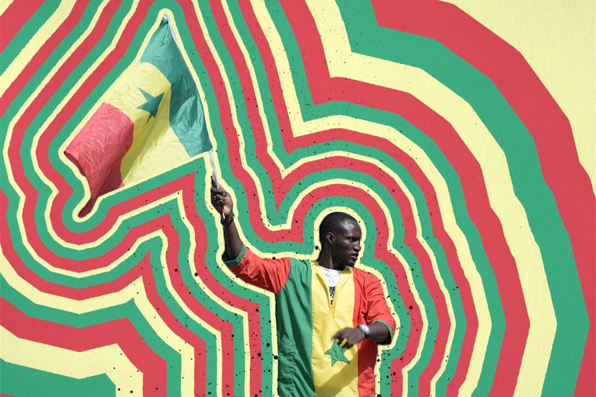 An illustration of a Senegalese protester waving the country’s flag.