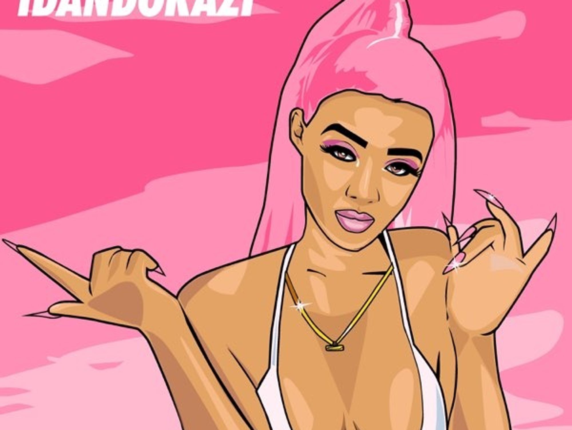 An illustration of Babes Wodumo in a bikini against a pink background. 
