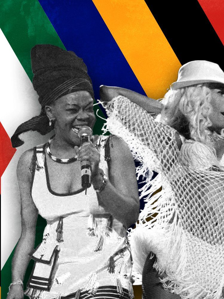An illustration showing four South African performing artists (from left) Brenda Fassie, Lebo Mathosa, Distruction Boyz.