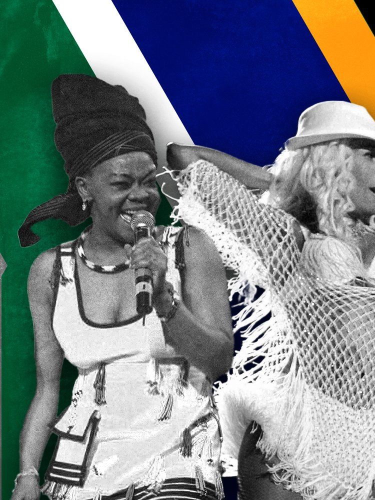 An illustration showing four South African performing artists (from left) Brenda Fassie, Lebo Mathosa, Distruction Boyz.