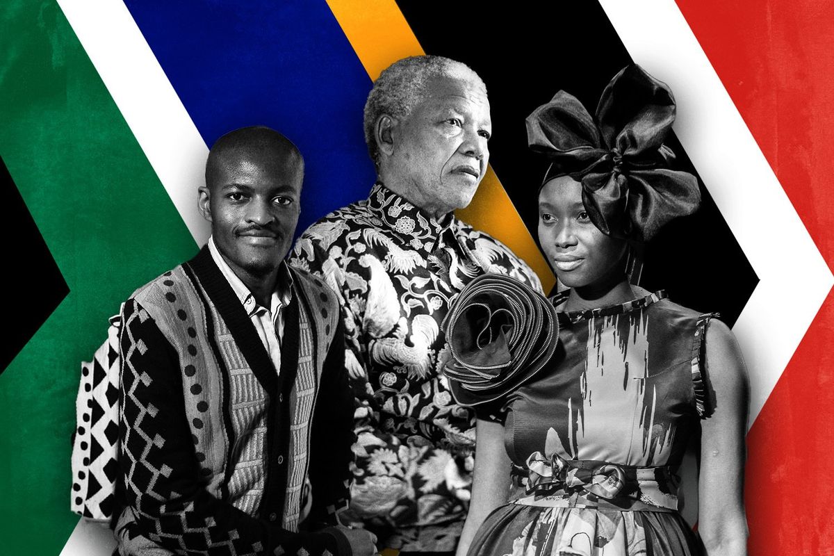 An illustration with photos of South African designer Laduma Ngxokolo of MaXhosa; former president Nelson Mandela; and a model wearing Mantsho on the runway.