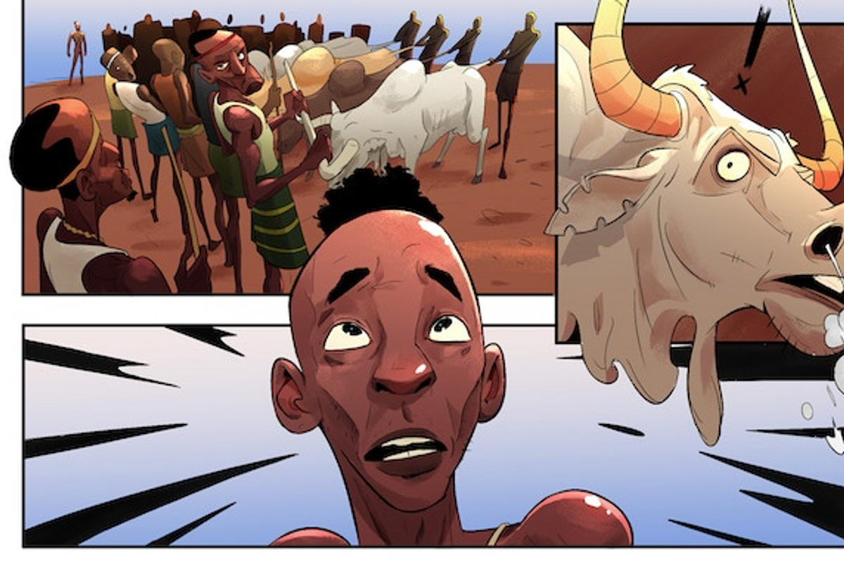 An image from a comic strip of men with cattle and one man has a surprised face, while one of the cows looks angry.