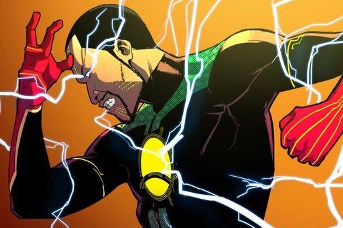 An image from the comic book series, Jember, created by Etan of a superhero with some lightning bolt rays emanating from him 