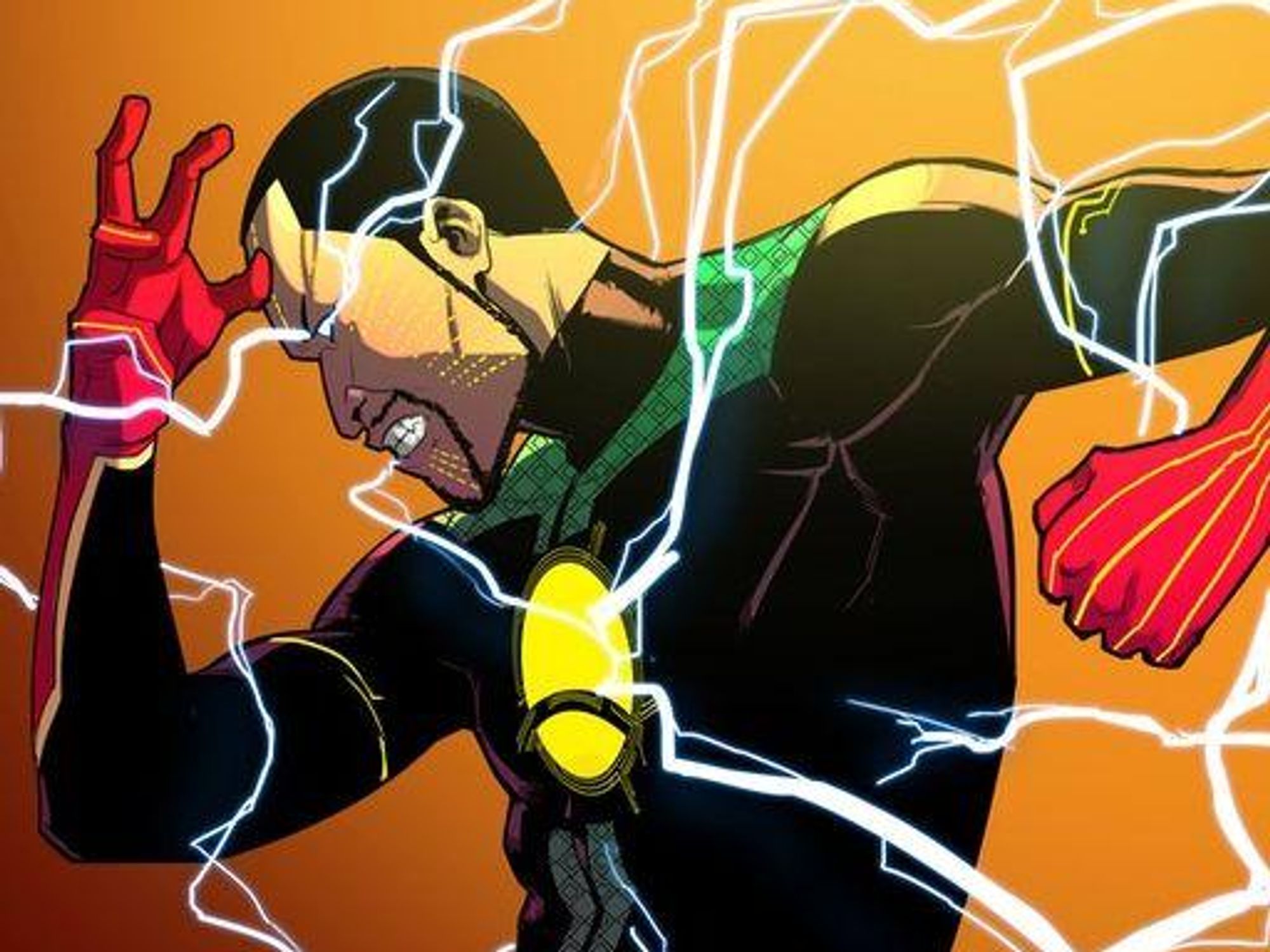 An image from the comic book series, Jember, created by Etan of a superhero with some lightning bolt rays emanating from him 