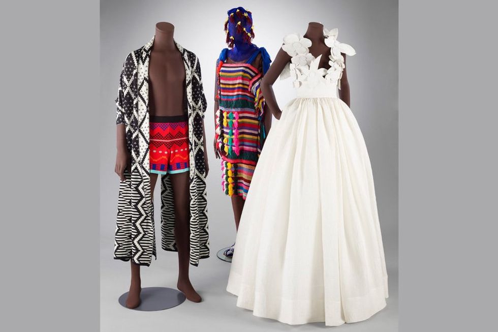 An image from the exhibition of three ensembles by three different African designers, Maxhosa Africa, IAMISIGO and Imane Ayissi.