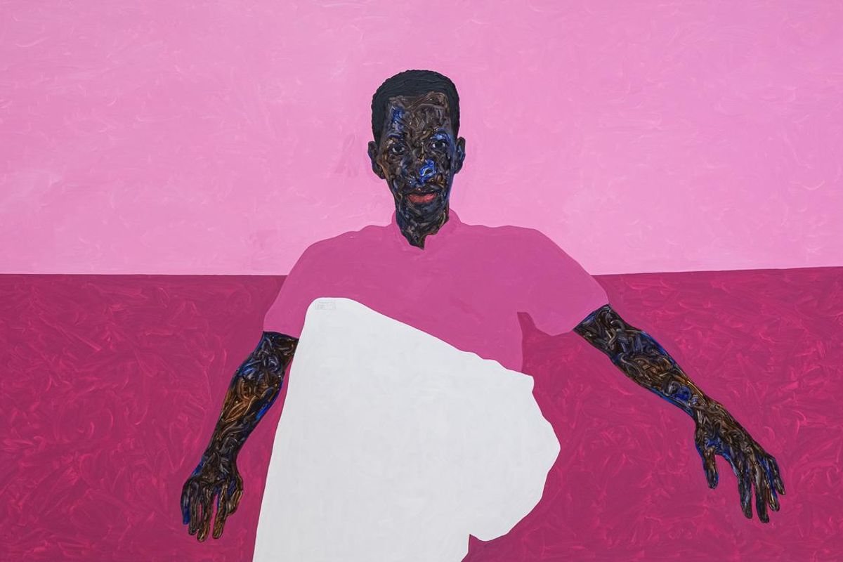 An image of Amoako Boafo's Deep Pink Sofa piece, featuring a man in a pink background