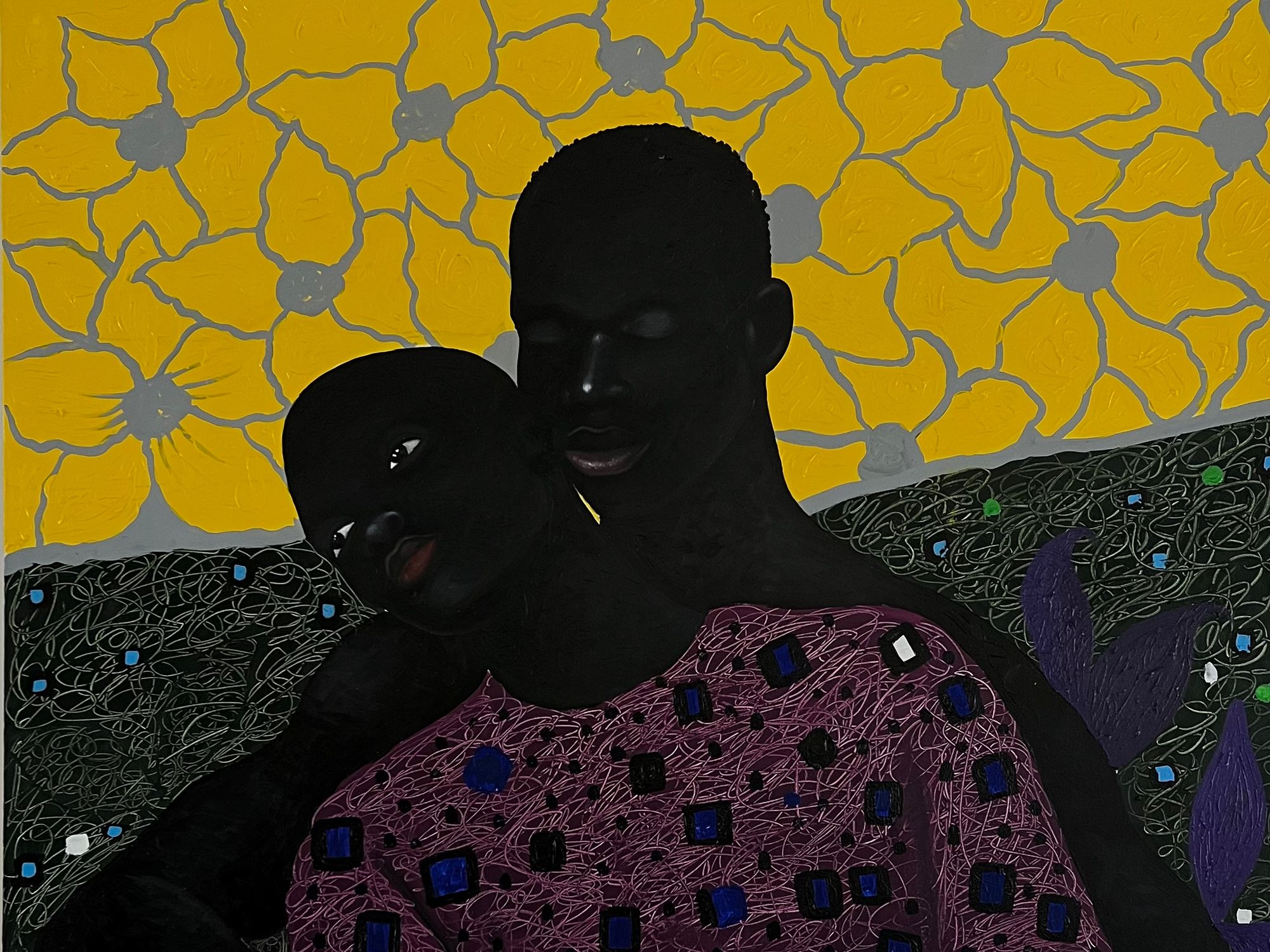 An image of an artwork by Nedia Were of a Black couple embracing against a striking yellow background.
